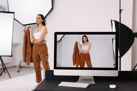 Beautiful model posing in modern photo studio, focus on computer screen with pictureの写真素材