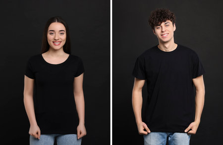 People wearing black t-shirts on dark background. Mockup for designの写真素材
