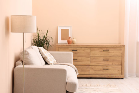 Stylish sofa and chest of drawers in living room. Interior design