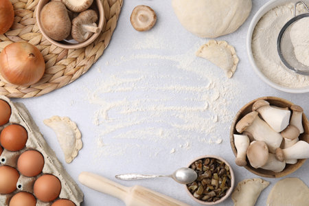 Process of making dumplings (varenyky) with mushrooms. Frame made of ingredients on white table, flat lay. Space for textの写真素材