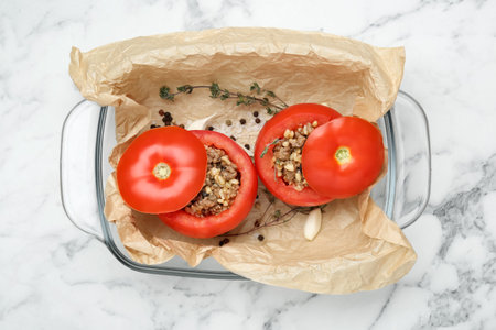 Uncooked stuffed tomatoes with minced beef, bulgur and mushrooms in baking dish on white marble table, top viewの写真素材
