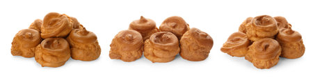 Delicious profiteroles with cream filling on white background, collage design