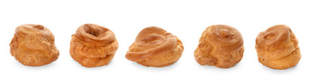 Delicious profiteroles with cream filling on white background, collage design