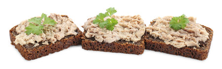 Tasty sandwiches with code liver and parsley isolated on whiteの写真素材