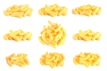 Heaps of tasty corn sticks on white background, collage designの写真素材