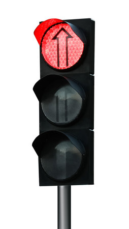 Modern traffic light with arrows isolated on white