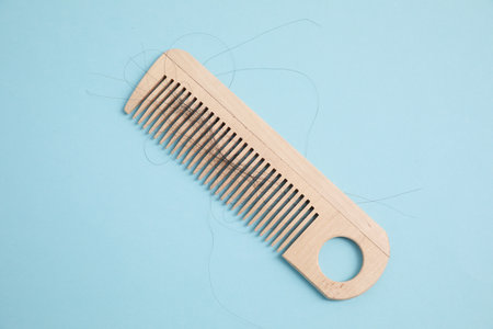 Wooden comb with lost hair on light blue background, top viewの写真素材