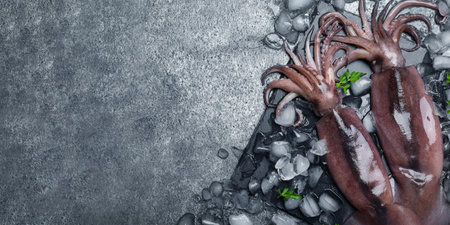 Fresh squids, parsley and ice cubes on gray table, flat lay. Banner design with space for textの写真素材