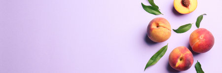 Fresh ripe peaches and green leaves on light violet background, flat lay. Banner design with space...