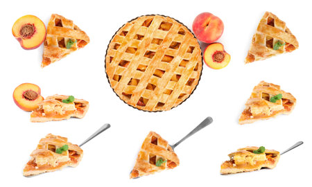 Collage with delicious peach pie and fruits on white backgroundの写真素材