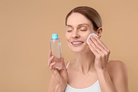 Beautiful woman removing makeup with cotton pad on beige background, space for textの写真素材