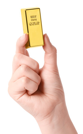Woman holding gold bar on white background, closeupの写真素材