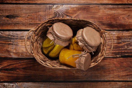 Wicker basket with many jars of different preserved products on wooden table, top viewの写真素材
