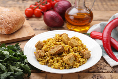 Delicious rice with chicken served on wooden table, closeupの写真素材