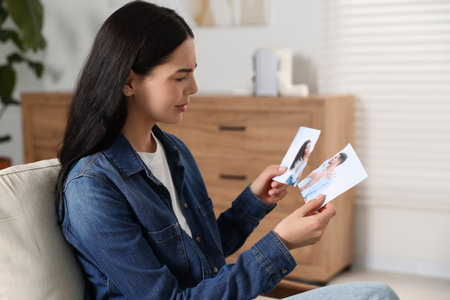 Upset woman holding parts of torn photo at home. Divorce conceptの写真素材
