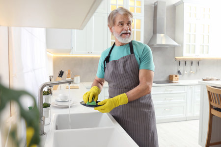 Senior man in protective gloves washing plate above sink in kitchenの写真素材