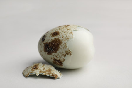 One boiled quail egg in shell on white table, closeup