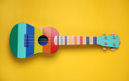 Colorful ukulele on yellow background, top view. String musical instrument