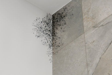 White and gray walls affected with mold in bathroomの写真素材