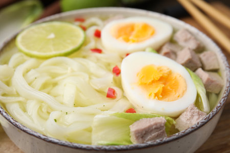 Bowl of delicious rice noodle soup with meat and egg on wooden board, closeupの写真素材