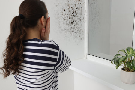 Shocked woman looking at affected with mold window slope in roomの写真素材