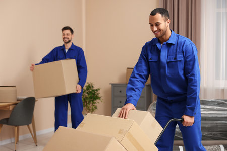 Male movers with cardboard boxes in new houseの写真素材