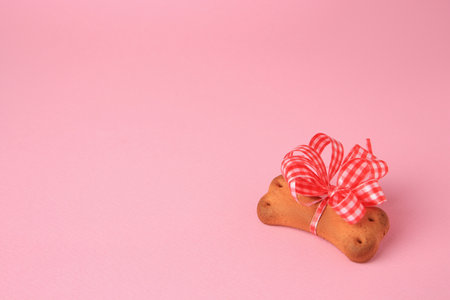 Bone shaped dog cookie with bright bow on pink background. Space for textの写真素材