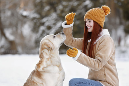 Beautiful young woman with adorable Labrador Retriever on winter day outdoorsの写真素材