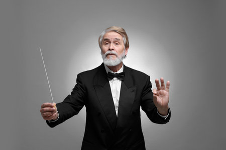 Professional conductor with baton on gray backgroundの写真素材
