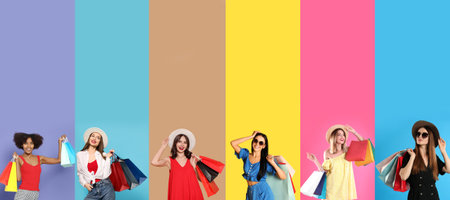 Happy women with shopping bags on different color backgrounds, collage designの写真素材