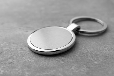 Metallic keychain on gray background, closeup view
