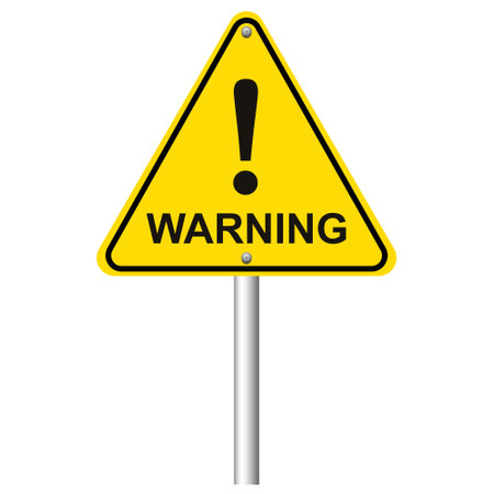 Yellow road sign with word Warning and exclamation mark on white background