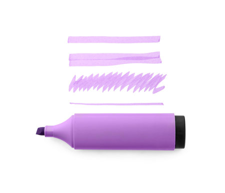 Different stripes drawn with lilac marker and highlighter isolated on white, top viewの写真素材