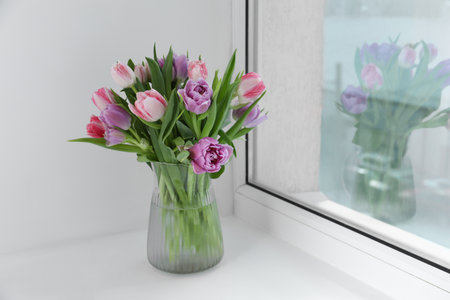 Beautiful bouquet of colorful tulip flowers on windowsill indoors, space for textの写真素材