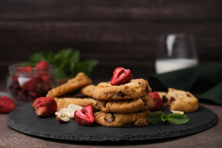 Cookies with freeze dried fruits, mint and nuts on gray table, closeupの写真素材