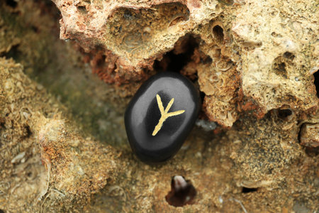 Black rune Algiz on stone outdoors, closeupの写真素材