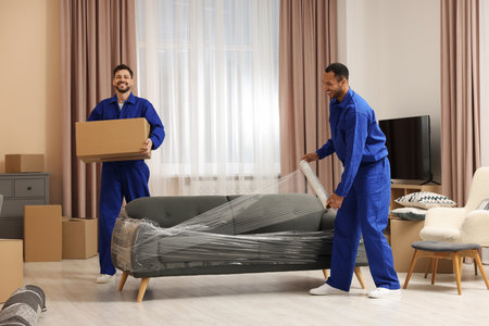Male movers with cardboard box and sofa in new houseの写真素材
