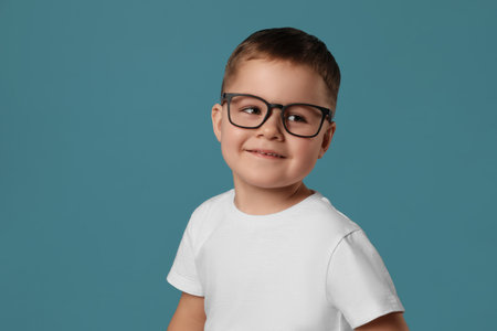 Cute little boy in glasses on light blue backgroundの写真素材
