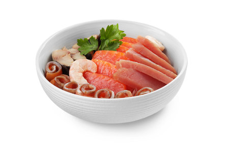Delicious mackerel, tuna, salmon and shrimps served with parsley isolated on white. Tasty sashimi dishの写真素材