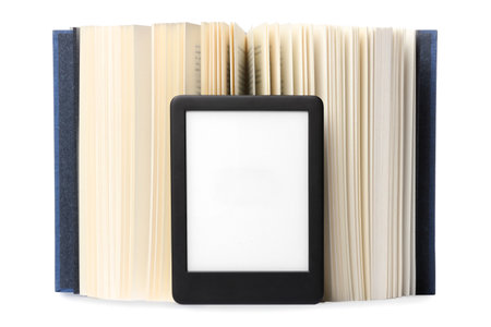 Open hardcover book and modern e-book isolated on whiteの写真素材