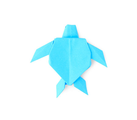 Origami art. Handmade light blue paper turtle on white background, top viewの写真素材