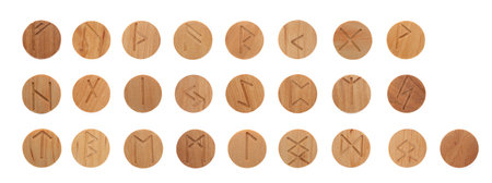 Set of wooden runes on white background, top view. Divination toolの写真素材
