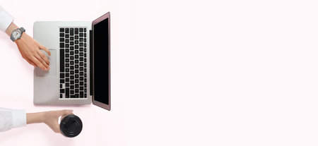 Woman using laptop on white background, top view. Banner design with space for text