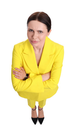 Beautiful businesswoman in yellow suit on white background, above viewの写真素材