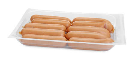 Plastic container with sausages isolated on white. Meat productの写真素材