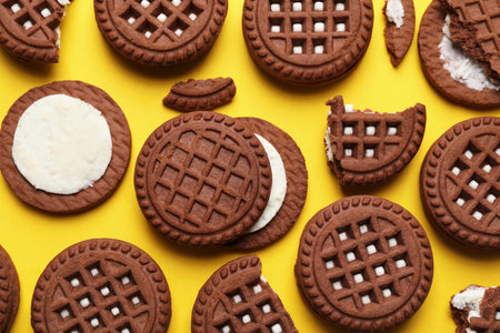Tasty chocolate sandwich cookies with cream on yellow background, flat layの写真素材