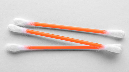 Clean cotton buds on white background, top view. Hygienic accessoryの写真素材