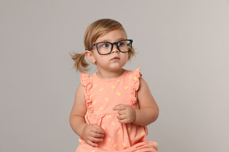 Cute little girl in glasses on light gray backgroundの写真素材