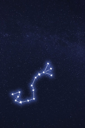 Scorpius (Scorpion) constellation. Stick figure pattern in starry night skyの写真素材