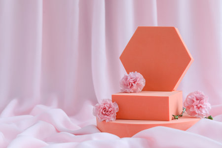 Geometric figures and roses on pink fabric, space for text. Stylish presentation for productの写真素材